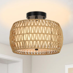 English Elm Boho Ceiling Light Fixture - Rattan & Fabric Semi Flush Mount For Cozy Farmhouse & Modern Spaces W2738P185410