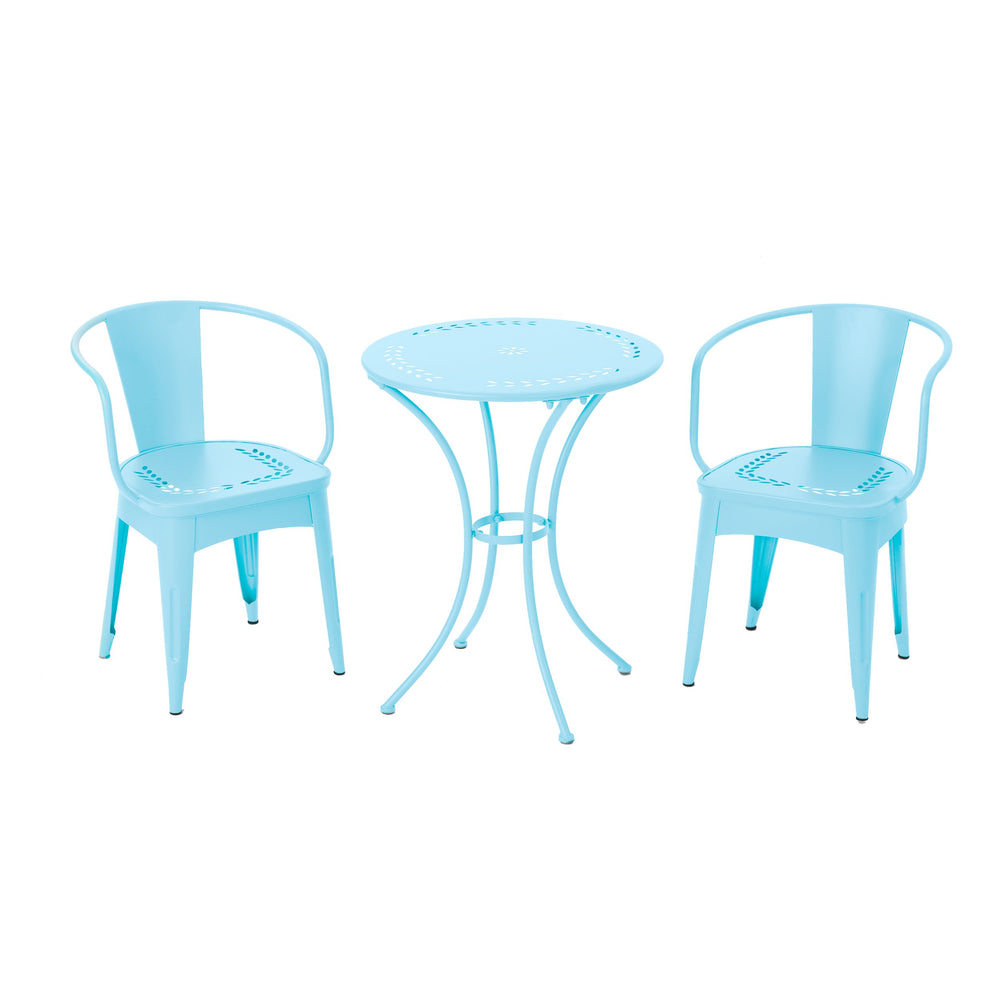 English Elm Christopher Knight Home® - LOURDES Matte Light Blue 3-Piece Iron Bistro Set – Weather-Resistant Floral Patio Table & 2 Chairs N773P278415B