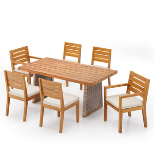English Elm Christopher Knight Home® - 7 Acacia Wood Outdoor Dining Set 7-Piece with Handwoven Rattan Legs, Durable 200–400 lb Capacity Beige,Brown,Natural,Teak N773OD00047B