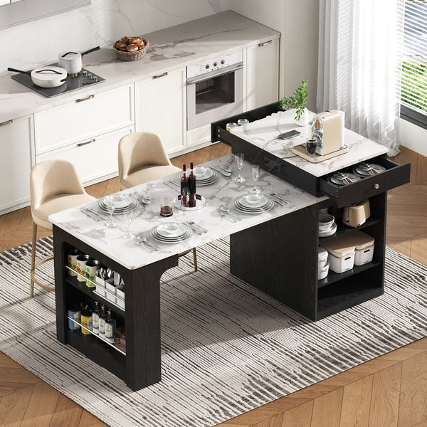 English Elm K&K Modern Extendable 59.5" Kitchen Island with Double-Sided Storage, Power Outlet & Casters Black N707S000017B