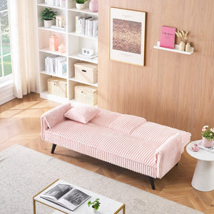 English Elm Minimalist Corduroy Reclining Sofa with Convertible Flat Sleeper and Cup Holder Pink W3356P421779