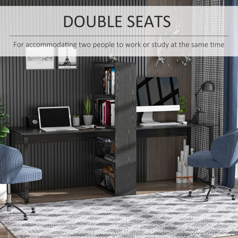 English Elm Long Double Workstation Desk with Four-tier Bookshelf for Shared Home Office Use T3971P386957