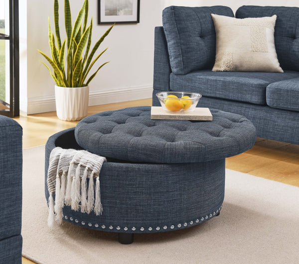 English Elm Tufted Linen Square Ottoman with Lift Top Storage Nailhead Trim Living Room Dark Blue B2748P481672