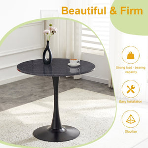 English Elm Round Faux Marble Tulip Pedestal Dining Table Mid Century Modern for Small Bistro Spaces Black+Gery W2920P405346