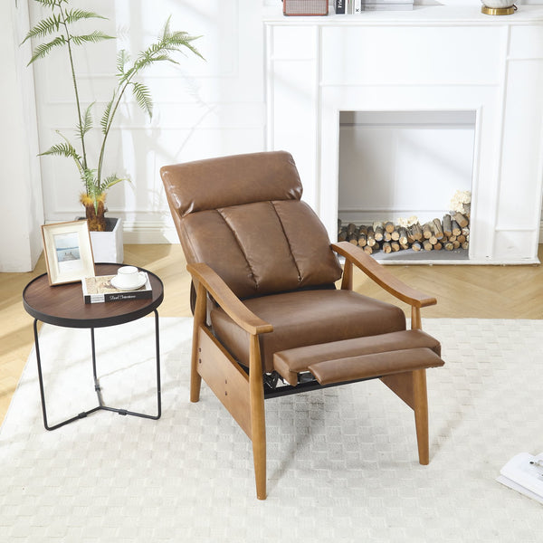English Elm COOLMORE Mid-Century Recliner Armchair with Footrest, Plush Foam Cushion, Solid Wood Frame Comfort Light Brown W1539P210126