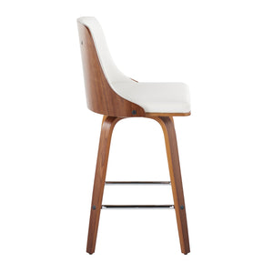 English Elm Gianna Mid-Century Counter Stool Set of 2 — Walnut Wood Contoured Back, Swivel, Tufted Faux Leather, Chrome Footrest White B202S00308