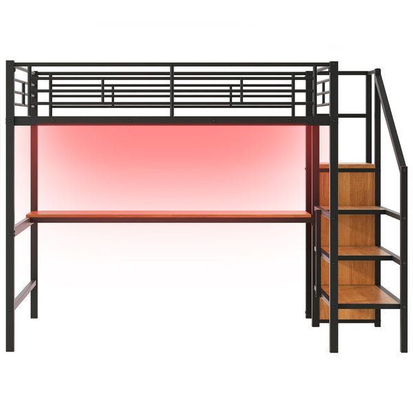 English Elm Full Size Metal Loft Bed With Desk, Storage Steps, Wardrobe, Led Light - Perfect For Small Spaces! GX000620AAB-1