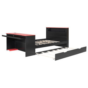 English Elm Full Size Wood Platform Daybed with Trundle Desk Rgb Led Lighting Gaming Bedroom Black+Red LT000284AAR