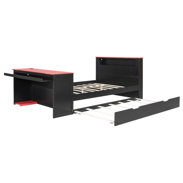 English Elm Full Size Wood Platform Daybed with Trundle Desk Rgb Led Lighting Gaming Bedroom Black+Red LT000284AAR