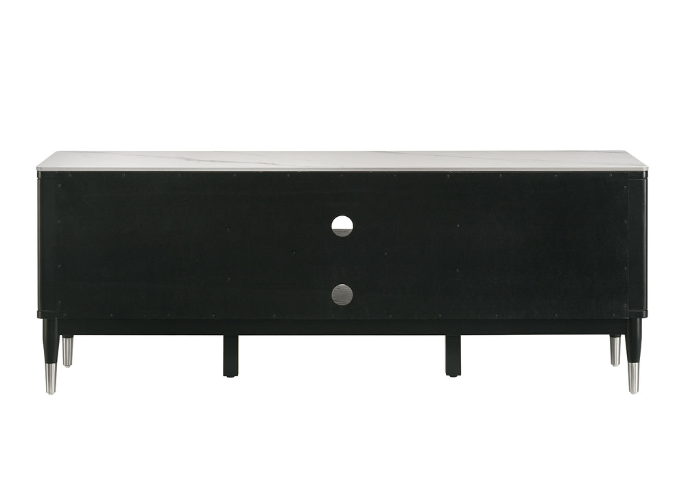 English Elm Contemporary Maidstone TV Console with Sintered Stone Top, Silver-Capped Arrow Legs, Open Storage Black,White 75 L x 21 W x 24 H B2741P402568