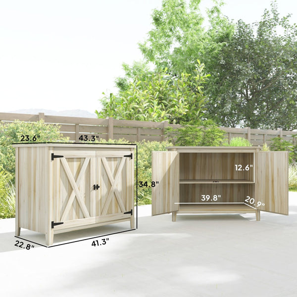 English Elm Wooden Fir Outdoor Storage Cabinet with Barn Doors Shelf and Raised Base for Patios T3971P422824
