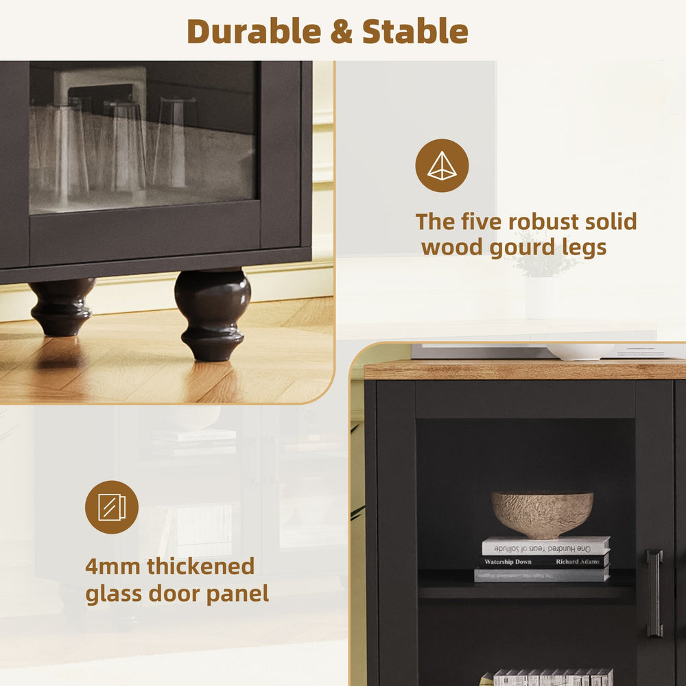 English Elm ON-TREND Farmhouse TV Stand 63" with Tempered Glass Doors, Adjustable Shelves, Solid Wood Legs, Elegant Storage Black+Natural N721P206052B