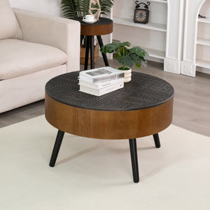 English Elm 31.5-inch Round Carved Wood Coffee Table Vintage Distressed Finish Living Room Accent W3935P406036