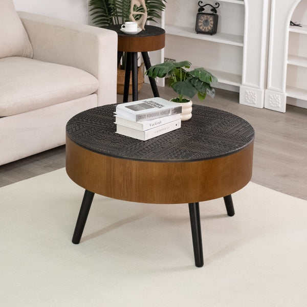 English Elm 31.5-inch Round Carved Wood Coffee Table Vintage Distressed Finish Living Room Accent W3935P406036