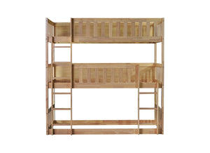 English Elm Twin Triple Rubberwood Bunk Bed with Ladders & Guardrails, Space-Saving Modular Design for Families White Oak W504S00172
