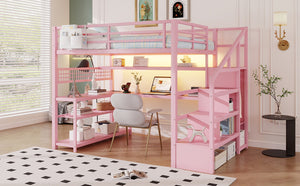 English Elm Full Size Steel Loft Bed with Staircase Storage Wardrobe Desk and Led Lighting Pink W2593S00077