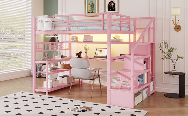 English Elm Full Size Steel Loft Bed with Staircase Storage Wardrobe Desk and Led Lighting Pink W2593S00077