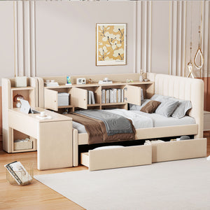 English Elm Twin Upholstered Daybed with Velvet Finish, High Back Shelves, Flip Cabinets, Drawers & Side Table Beige SF000196AAA