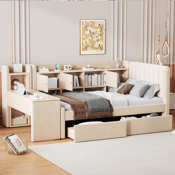 English Elm Twin Upholstered Daybed with Velvet Finish, High Back Shelves, Flip Cabinets, Drawers & Side Table Beige SF000196AAA