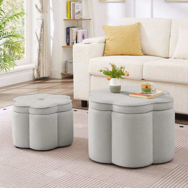 English Elm Set of 2 Flower Petal Velvet Storage Ottomans Sculptural Nesting Seating for Living Room Gray W2186P440354
