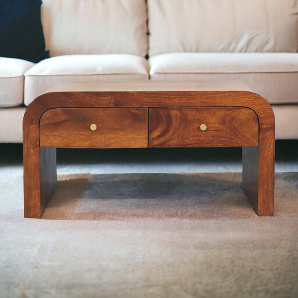 English Elm Solid Wood Coffee Table with Two Drawers Brass Knobs Chestnut Finish Living Room B182P280820