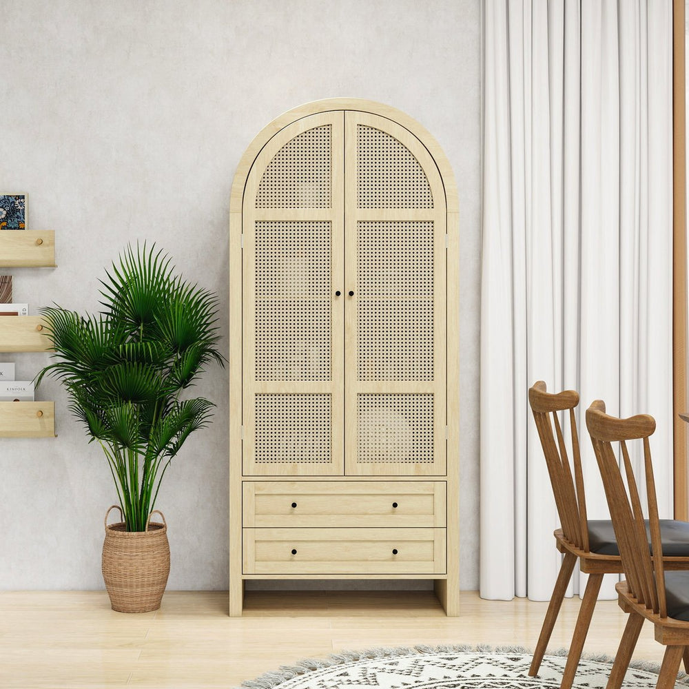 English Elm 70.28" Arched Kitchen Pantry Cabinet with Rattan Doors, 2 Drawers, Adjustable Shelves & Safety W688S00057