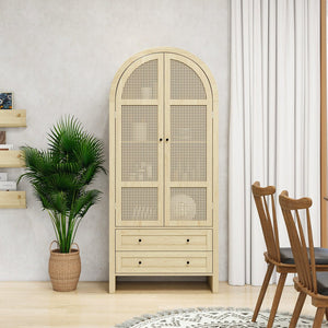 English Elm 70.28" Arched Kitchen Pantry Cabinet with Rattan Doors, 2 Drawers, Adjustable Shelves & Safety W688S00057