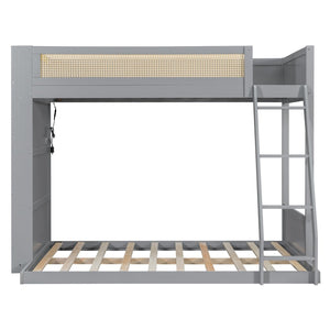 English Elm Twin Over Full Bunk Bed with Cane Guardrail Led Lighting and Built-in Bookshelf Gray LT000351AAE