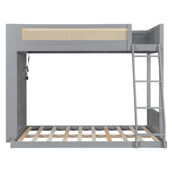 English Elm Twin Over Full Bunk Bed with Cane Guardrail Led Lighting and Built-in Bookshelf Gray LT000351AAE