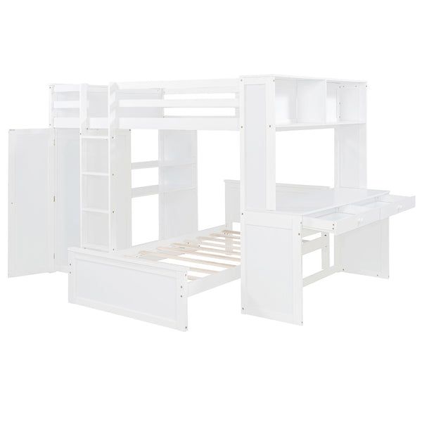 English Elm Full Twin Loft Bed with Desk Wardrobe Shelves Pine Wood Frame Kids Bedroom White LT000821AAK-1
