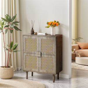 English Elm 4-Doors Rattan Mesh Storage Cabinet with Solid Wood Legs and Adjustable Shelves for Stylish Organization Grey W757P198557