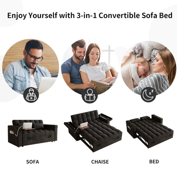 English Elm 65-inch Velvet Convertible Sleeper Sofa with Usb Port Storage Armrests Adjustable Back Black W2564S00114