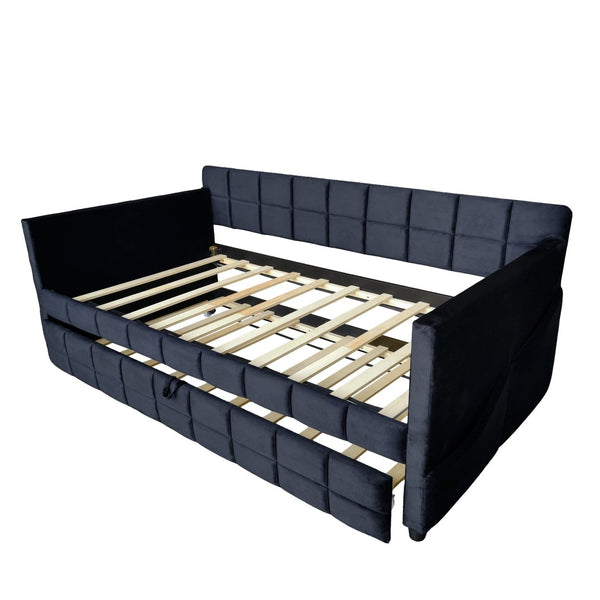 English Elm Modern Velvet Twin Daybed with Pull Out Trundle and Built in Armrest Storage Pockets Black SF000200AAB