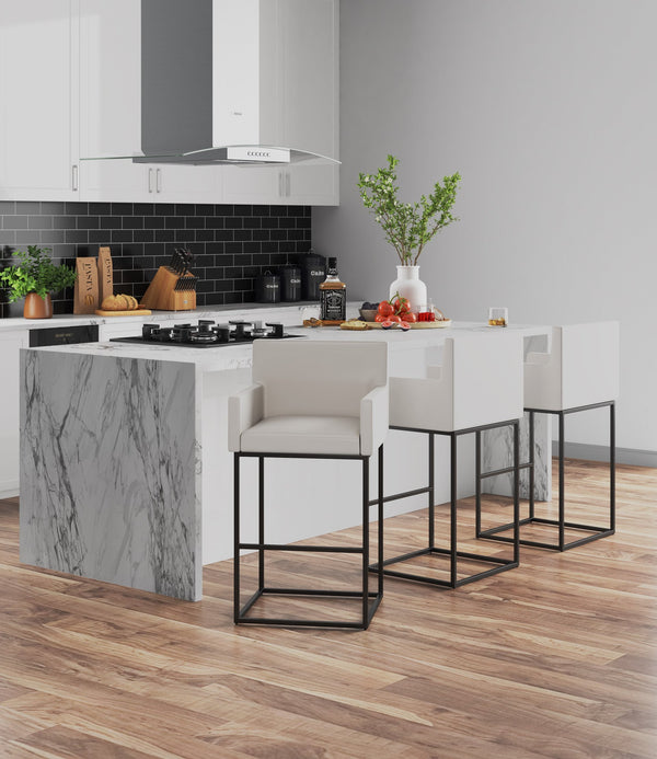 English Elm Ambassador Metal Upholstered Counter Stool with Faux Leather, Foam Padding & Built-In Footrest, 26" seat height Cream B365P398459