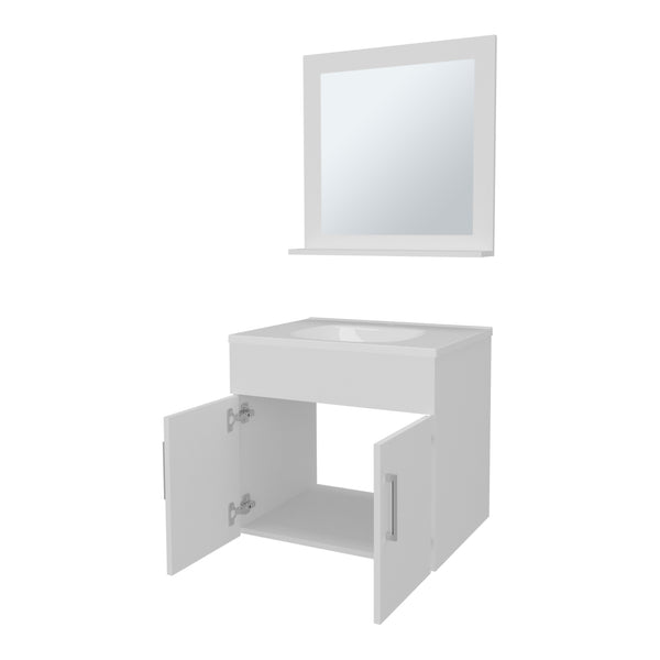 English Elm Slater Floating Bathroom Vanity Set with Sink and Mirror Shelf, Space-Saving 24" White Cabinet B128P314805