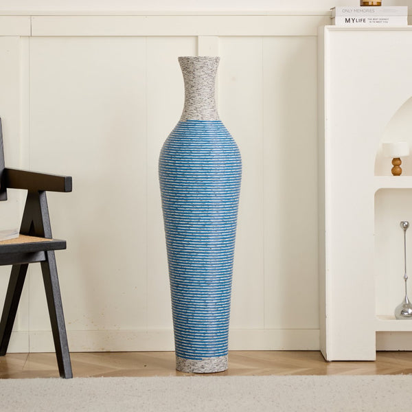 English Elm 39-Inch Tall Designer Floor Vase in Lake Blue PVC with Brushed Gold Accents for Dramatic Room Styling W2796P300933