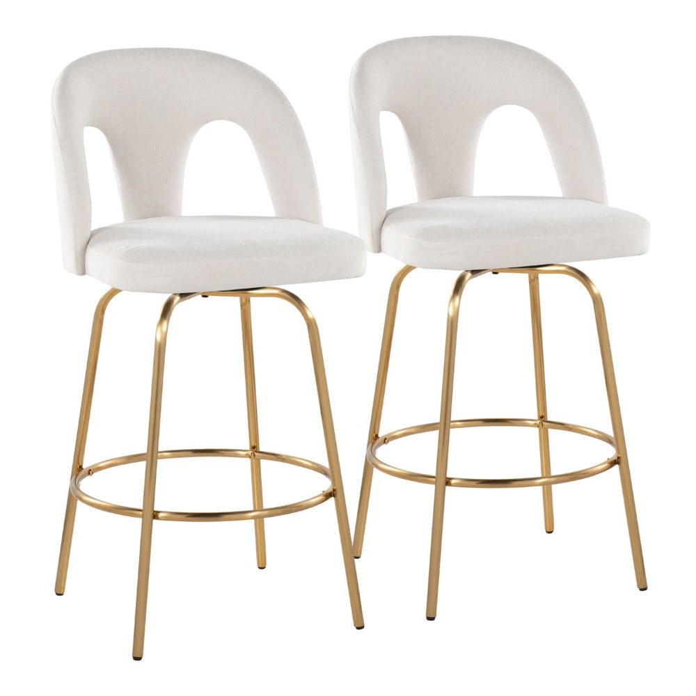 English Elm Fixed-height Swivel Counterstools with White Upholstery Gold Footrest Set of 2 B202S01782