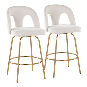 English Elm Fixed-height Swivel Counterstools with White Upholstery Gold Footrest Set of 2 B202S01782