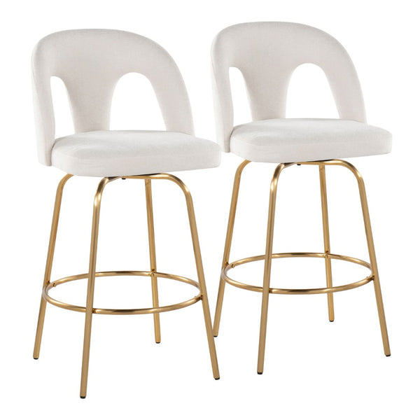 English Elm Fixed-height Swivel Counterstools with White Upholstery Gold Footrest Set of 2 B202S01782