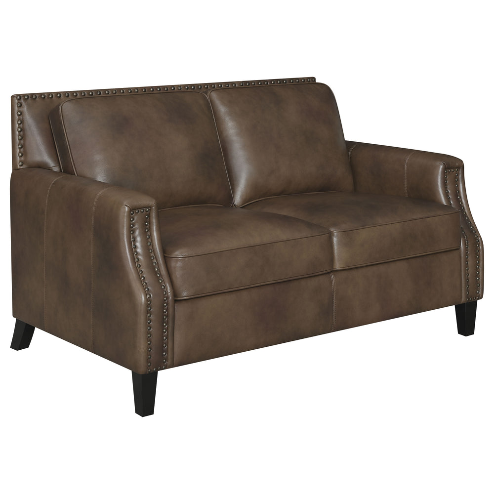 English Elm Gunderson Brown Sugar Top Grain Leather Loveseat with Recessed Track Arms, Brass Nailhead Trim & Espresso Feet B062P357776
