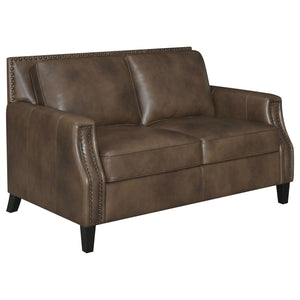 English Elm Gunderson Brown Sugar Top Grain Leather Loveseat with Recessed Track Arms, Brass Nailhead Trim & Espresso Feet B062P357776