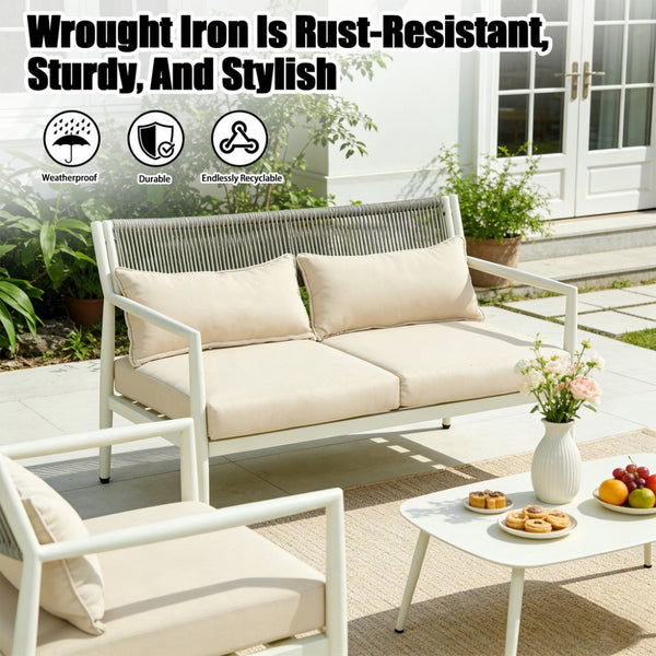 English Elm Outdoor Pe Rope Woven 4 Seat Sectional Sofa Set with Foam Cushions Iron Frame T5880S00013