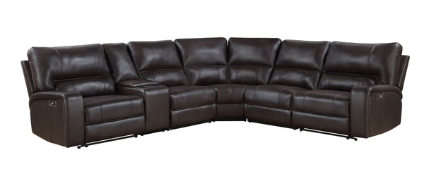 English Elm Saul Espresso Faux Leather Power Recliner Sectional Sofa with USB, Cupholders & Storage Console B2726S00123