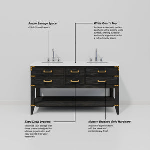 English Elm Black Oak Double Bath Vanity With White Quartz Top, Soft-Close Drawers & Matching Mirrors, 60"W B2731S02162