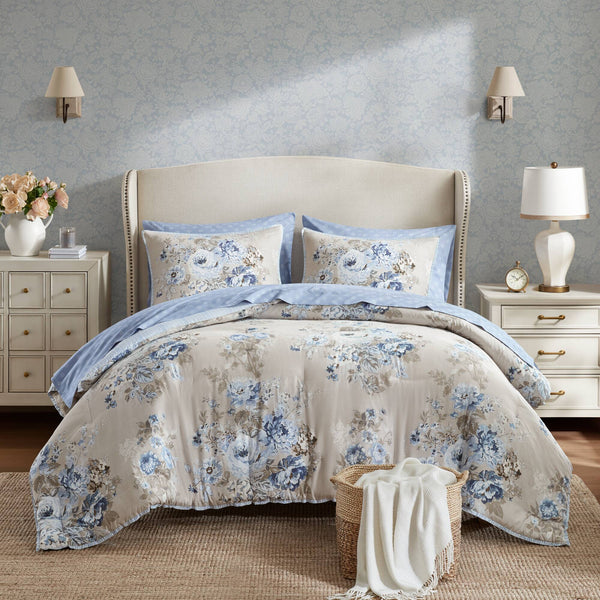 JLA Home Madison Park Essentials - 7 Piece Vintage-inspired Collection Floral Bedding Set with Reversible Comforter, Silky Microfiber Elegance Beige/Blue MPE10-1188
