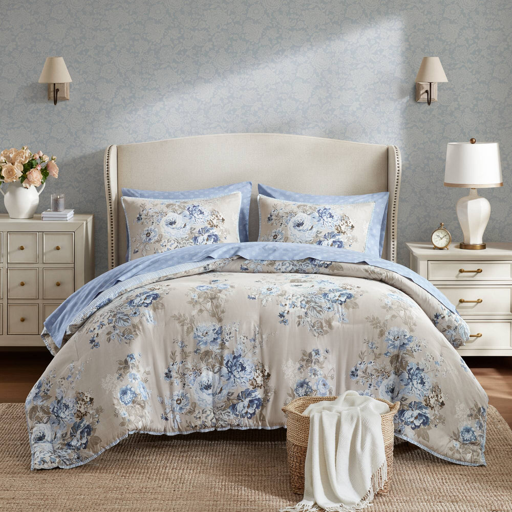 JLA Home Madison Park Essentials - 7 Vintage-Inspired Floral Bedding Collection — Reversible Comforter Set with Silky Microfiber, Romantic Elegance Beige/Blue MPE10-1187