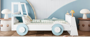 English Elm Twin Pine Treehouse Floor Bed with Padded Rails and Cabin Roofline for Kids White+Blue W1580S00470