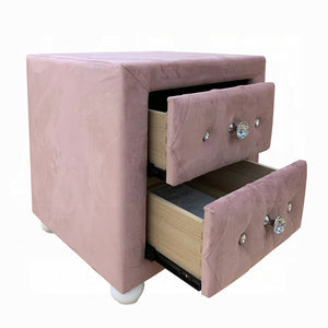 English Elm Beautiful Pink Fabric Nightstand with Two Drawers, Crystal Knobs, Rounded White Bun Feet, 17" Cubic Stylish Accent Table B2741P323124