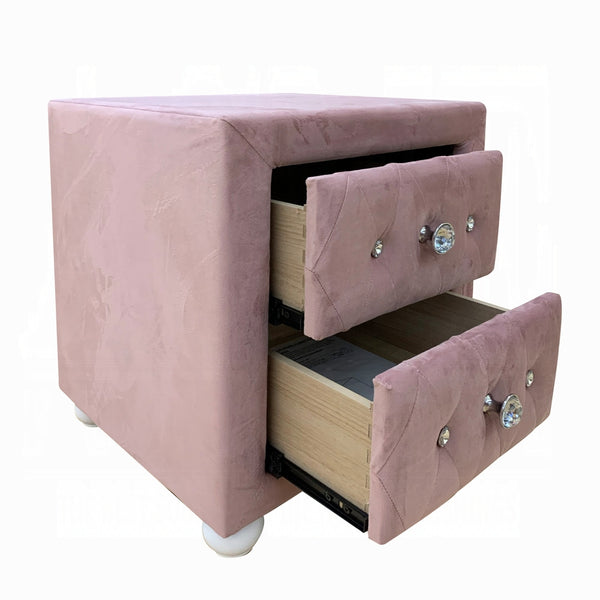 English Elm Beautiful Pink Fabric Nightstand with Two Drawers, Crystal Knobs, Rounded White Bun Feet, 17" Cubic Stylish Accent Table B2741P323124