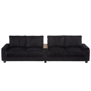 English Elm 4-seater Corduroy Sofa with USB Ports, Flip-Top Cup Holders, Hidden Arm Storage & Ultra-Deep Seats Black N719S001990B